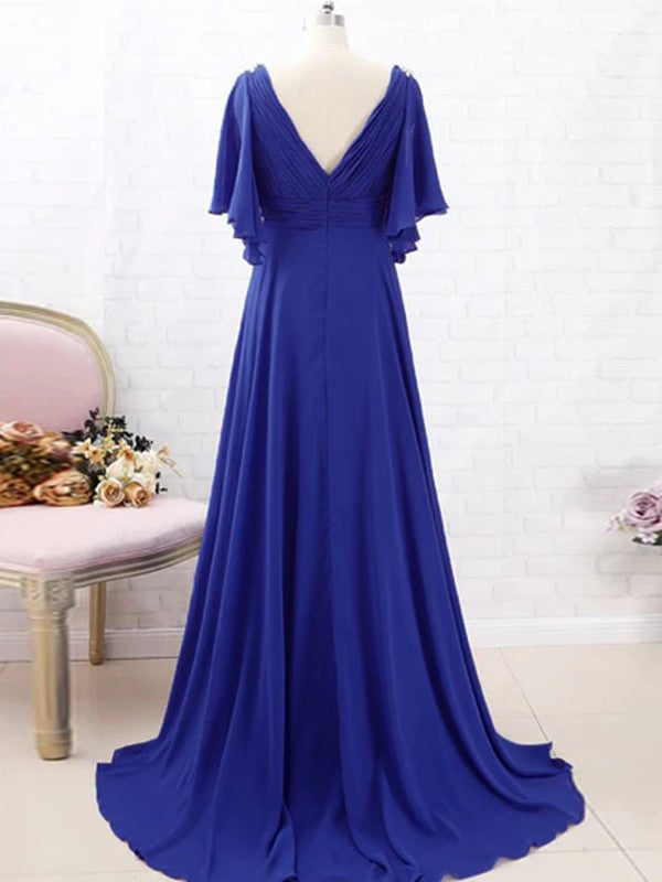 Millie A-Line/Princess Chiffon Beading V-neck Short Sleeves Sweep/Brush Train Mother of the Bride Dresses SWKP0020288