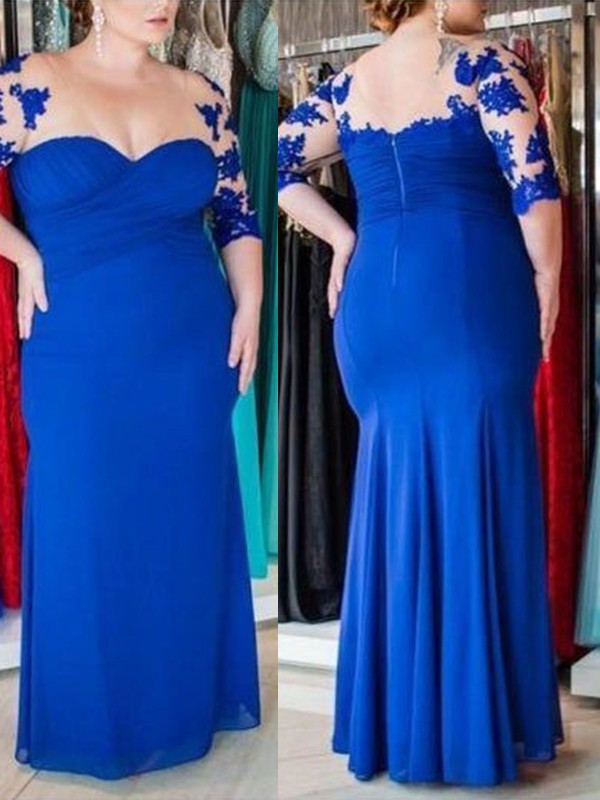 Marely Sheath/Column Chiffon Applique V-neck 1/2 Sleeves Floor-Length Mother of the Bride Dresses SWKP0020291