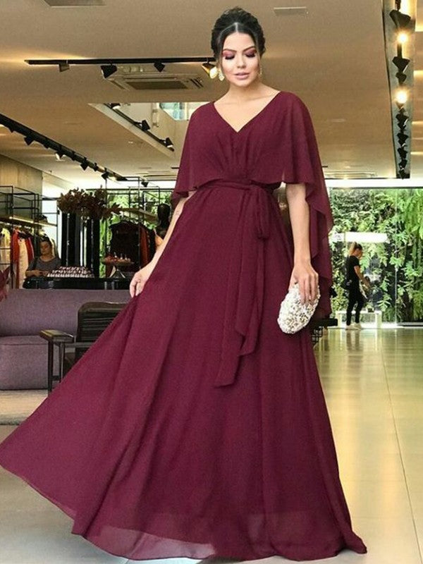 Novia A-Line/Princess Chiffon Sash/Ribbon/Belt V-neck Short Sleeves Floor-Length Mother of the Bride Dresses SWKP0020293