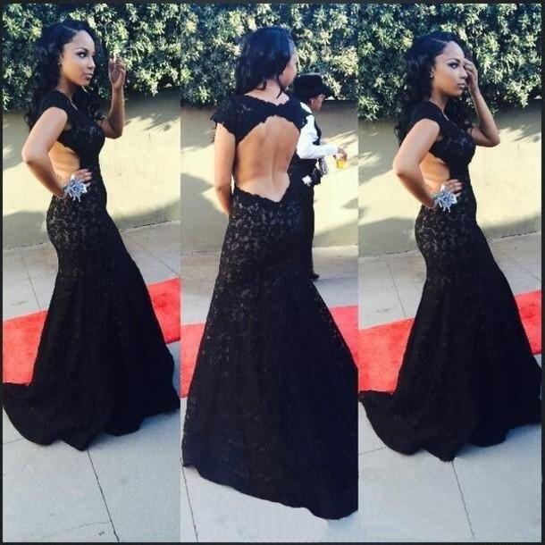 New Style High Neck Backless Lace Black Open Back Mermaid Cap Sleeve Evening Dresses WK05