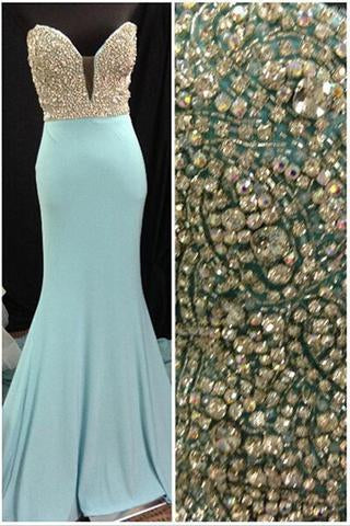 Gorgeous Long Blue Sweetheart Mermaid Elegant Beading Strapless Prom Dresses WK153