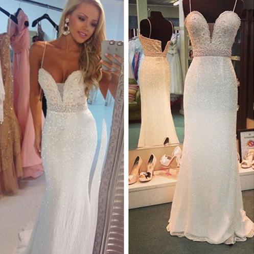 Prom Dresses Sexy Mermaid Spaghetti Strap Crystal Floor Length Formal Occasion Dress WK707