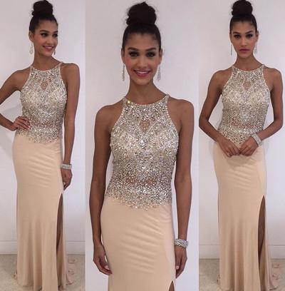 Champagne Halter Mermaid Elegant Beads Jewelry Hot Slit Prom Dresses WK164