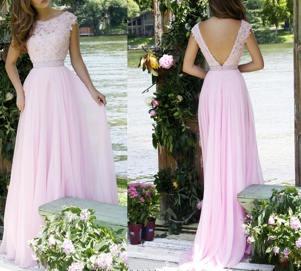 Pink Lace Bodice Prom Dresses Modest Long Evening Gowns For Formal Women Party Gown WK73