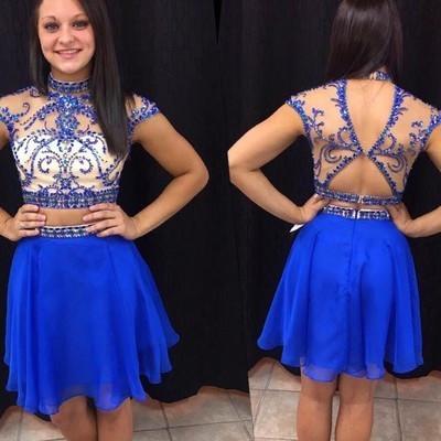 Royal Blue Short Prom Dresses Chiffon Fitted Party Dress Silver Beading Sparkly Cocktail Dress WK911