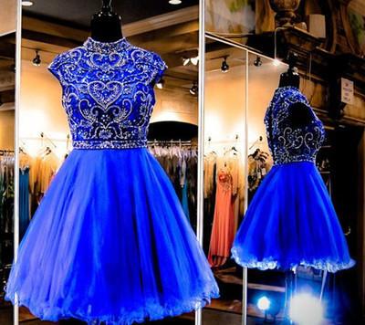 Royal Blue Homecoming Dress Short Tulle Fitted Party Dress Beading Prom Dresses WK896