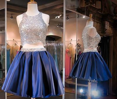 Navy Blue Two Piece Beading Short Prom Gown Sweet 16 Dress Bling Homecoming Dress WK877