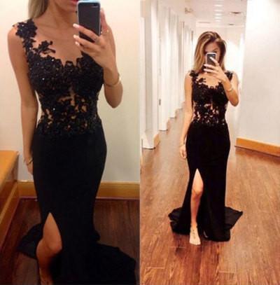 Pretty Mermaid Black Lace Beading Sweetheart With Slit Modest Cheap Prom Dresses WK144