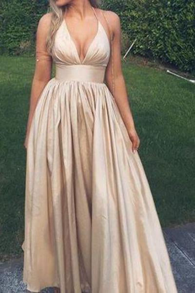 Sexy V neck Prom Dresses Sexy Champagne Graduation Dress Open Back Party Dresses WK171