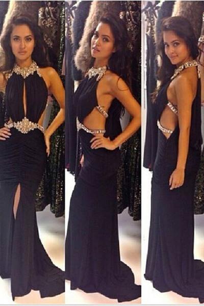 Sexy black chiffon rhinestone halter open back slim-line slit long evening dresses long dresses