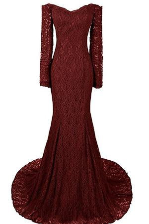 Long Mermaid Sweetheart Long Sleeve Burgundy Evening Dresses Lace Prom Dresses WK740