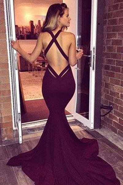 Burgundy Mermaid V Neck Backless Sweep Train Prom Dresses WK211