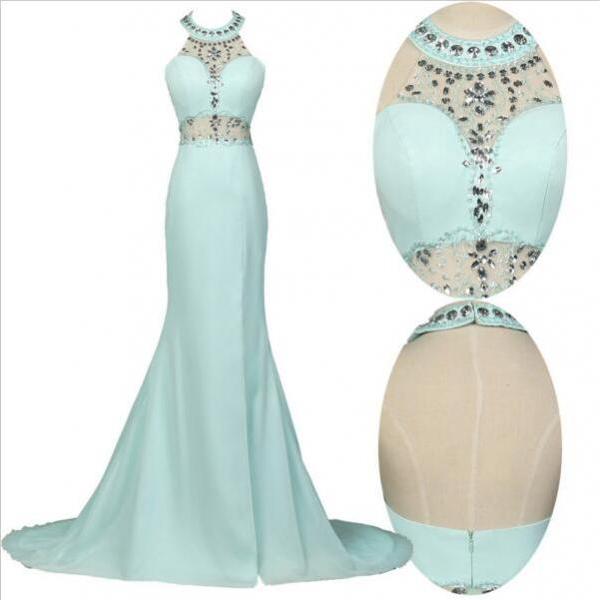 Elegant Beading Open Back Long Mermaid Prom Dresses Evening Dresses