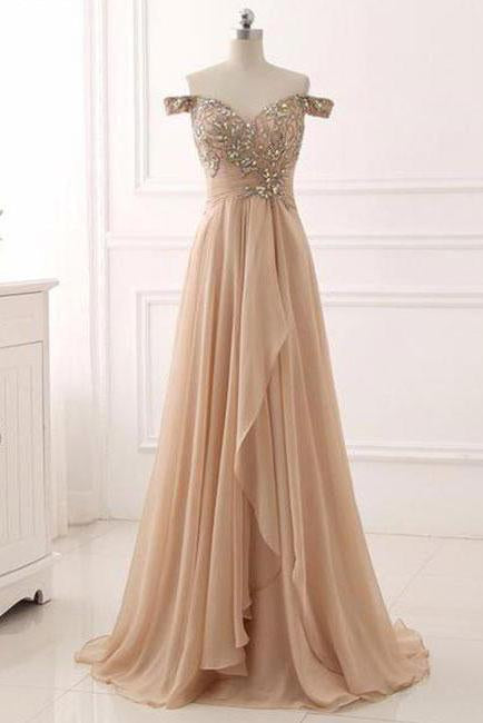 A Line Chiffon Sweetheart Off the Shoulder Beads Open Back Cheap Prom Dresses WK148