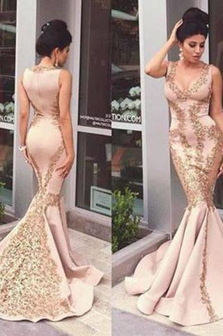 Lace Applique Mermaid Long Gold V-Neck Ruffles Sexy Straps Evening Dresses Party Dresses WK55