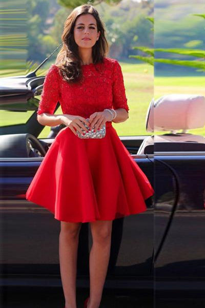 Red Cocktail Dress Sexy Long sleeve Backless Lace homecoming Dress