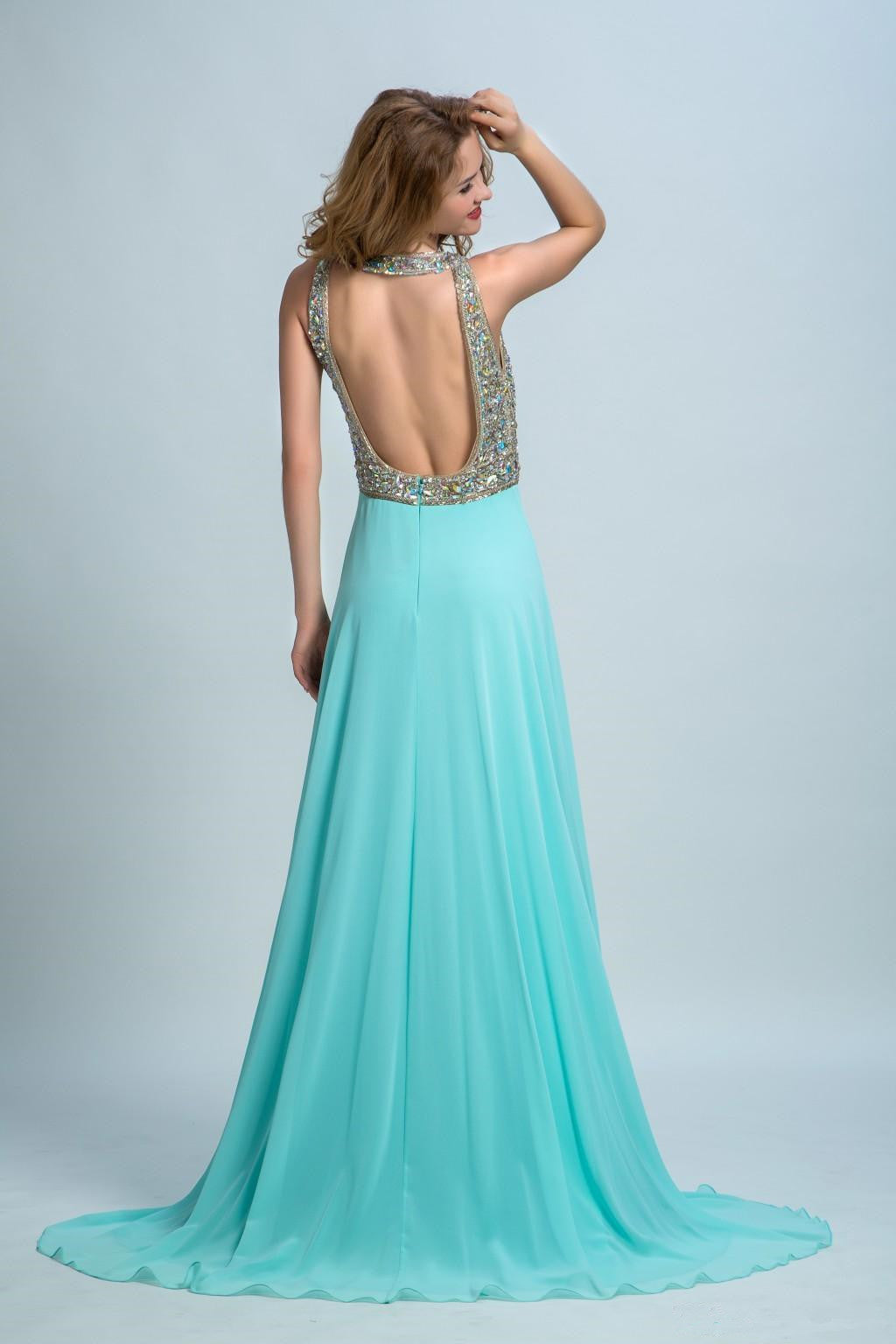 New Arrival Long Chiffon Beading Split Backless Sexy Gown For Teens