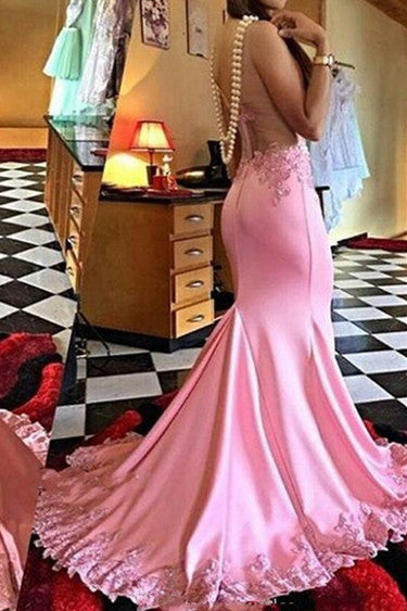 Pink Mermaid Long Illusion Bodice Applique Pearls Sheer Satin Sleeveless Prom Dresses WK36