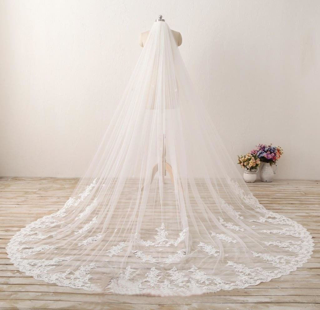 3M Long Embroidered Lace Appliques Tulle Cathedral Veil for Wedding Wedding Veil WK869