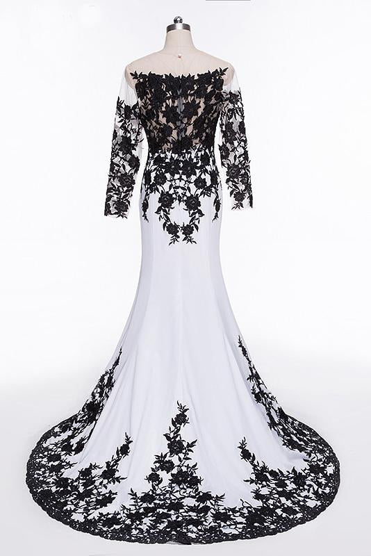 Elegant White Black Lace Appliques Mermaid Long Sleeves Satin Prom Dresses WK516