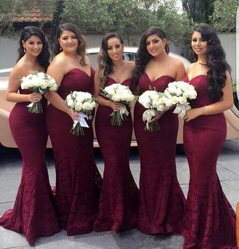 Burgundy Sweetheart Strapless Lace Mermaid Cheap Long Prom Dress Bridesmaid Dresses WK13