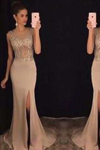 New Elegant Round Neck Sequin Mermaid Chiffon Long with Slit Beads Prom Dresses WK772