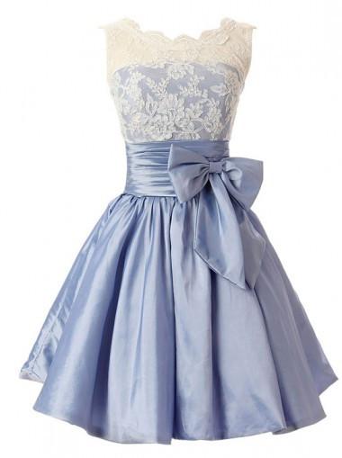 Fashion A-line Scoop Short Taffeta Blue Homecoming/Bridesmaid Dress With Bowknot WK478