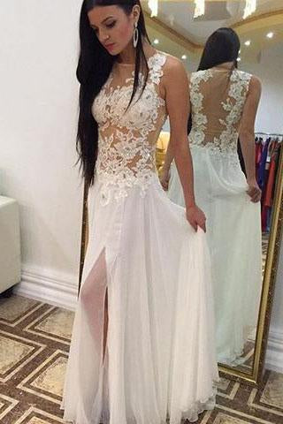 Sexy A-line Crew Floor-Length Chiffon Sleeveless Beaded Appliques White Prom Dresses WK661