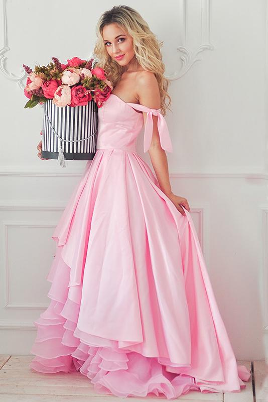 A-Line Pink Off the Shoulder Sweetheart Satin Lace up Hi-Lo Prom Homecoming Dresses WK515