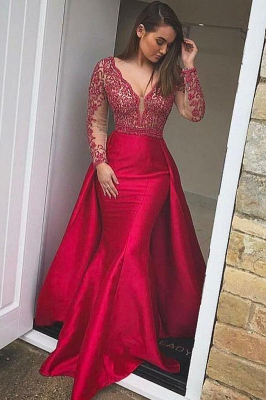 Elegant Mermaid Long Red Long Sleeve Beading V Neck Lace Satin Backless Prom Dresses WK851