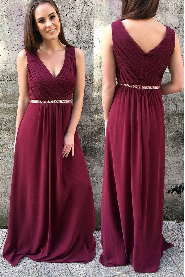 Burgundy Chiffon Sleeveless V Neck Long Prom Dresses