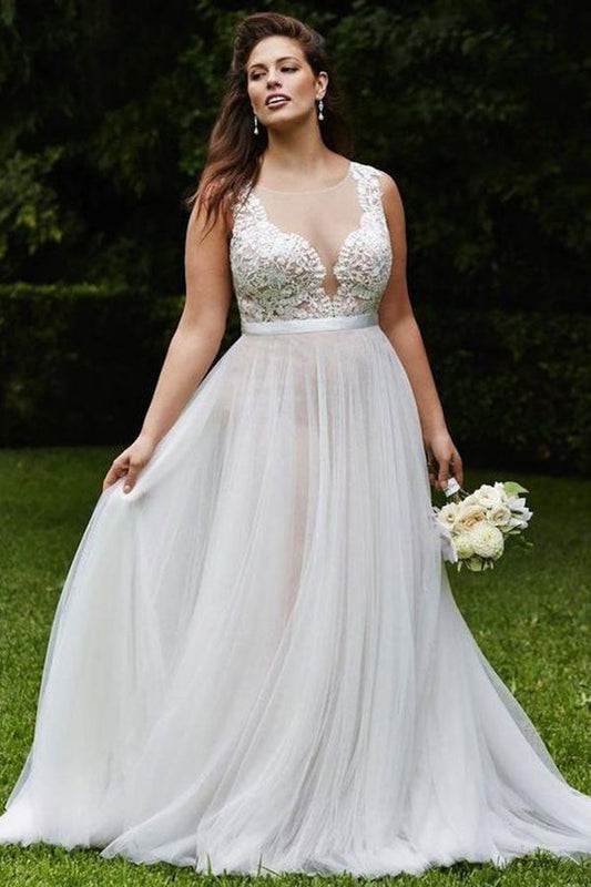 Chic Plush Size See Through With Lace Applique Wedding Dresses