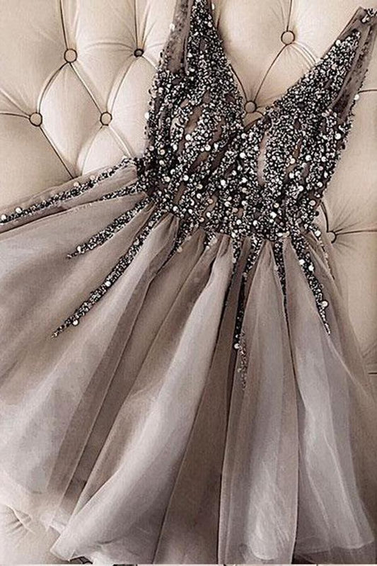 Luxurious Sequins Beaded V Neck Tulle Short V Back Gray Prom Dress Homecoming Dress WK762