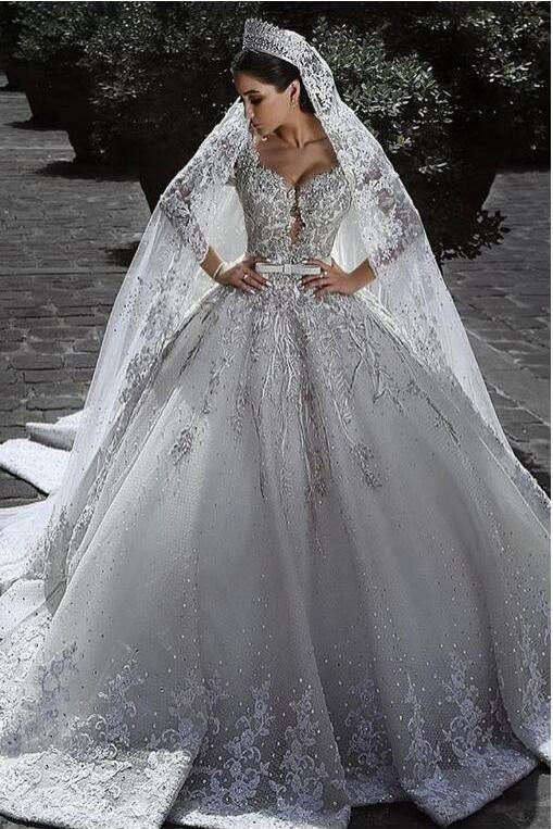 Sexy Ball Gown Sweetheart Long Sleeve Lace Appliques Tulle Long Wedding Dresses WK70