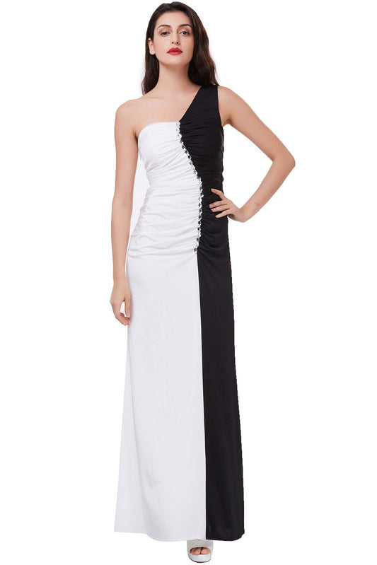 Mermaid Long Black and White Floor Length One Shoulder Beads Ruffles Prom Dresses WK265