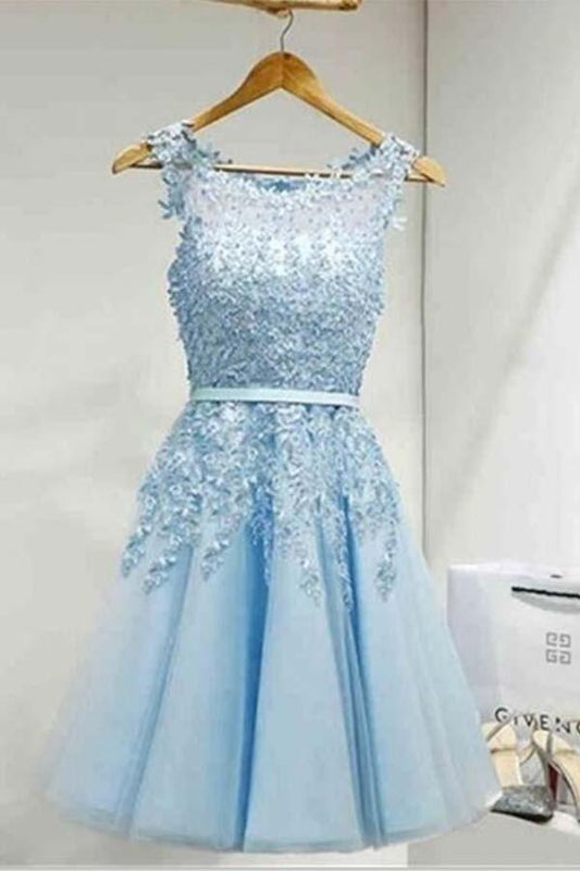 Light Sky Round Neck Tulle Appliques Short Sleeveless Graduation Homecoming Dress WK220