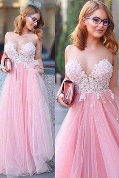 Pink Tulle Scoop Neck Princess Sweetheart Floor-length with Appliques Lace Prom Dresses WK807