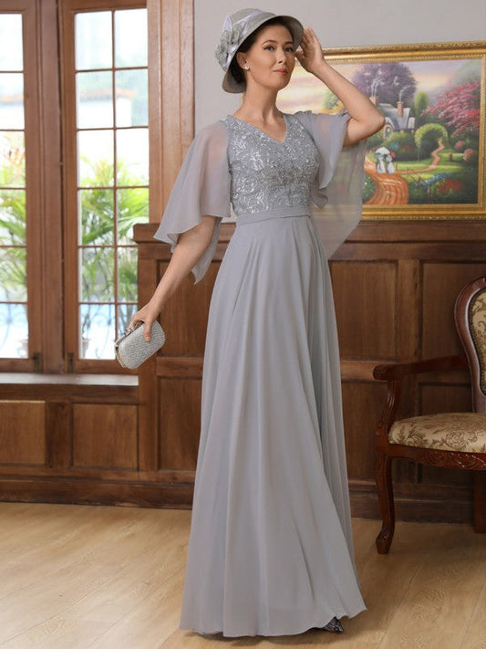 Alaina A-Line/Princess Chiffon Applique V-neck 1/2 Sleeves Floor-Length Mother of the Bride Dresses SWKP0020334