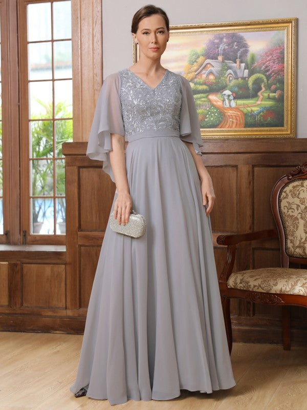 Alaina A-Line/Princess Chiffon Applique V-neck 1/2 Sleeves Floor-Length Mother of the Bride Dresses SWKP0020334