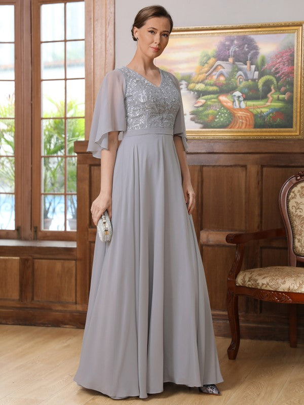 Alaina A-Line/Princess Chiffon Applique V-neck 1/2 Sleeves Floor-Length Mother of the Bride Dresses SWKP0020334