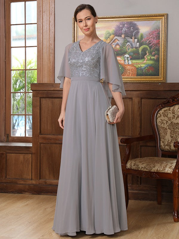 Alaina A-Line/Princess Chiffon Applique V-neck 1/2 Sleeves Floor-Length Mother of the Bride Dresses SWKP0020334