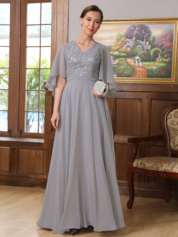 Alaina A-Line/Princess Chiffon Applique V-neck 1/2 Sleeves Floor-Length Mother of the Bride Dresses SWKP0020334