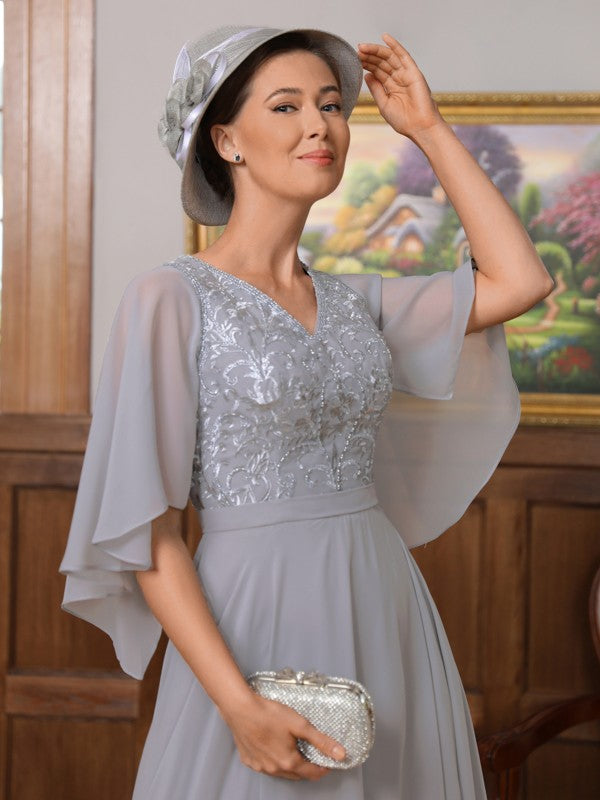 Alaina A-Line/Princess Chiffon Applique V-neck 1/2 Sleeves Floor-Length Mother of the Bride Dresses SWKP0020334