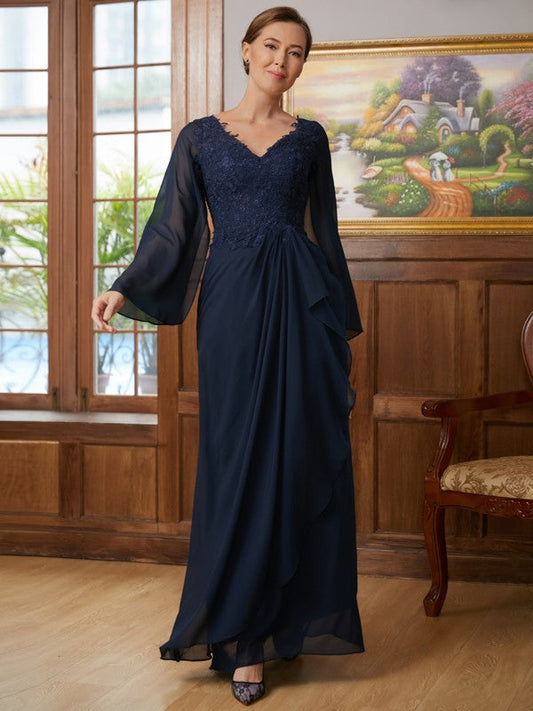 Eileen A-Line/Princess Chiffon Applique V-neck Long Sleeves Floor-Length Mother of the Bride Dresses SWKP0020335