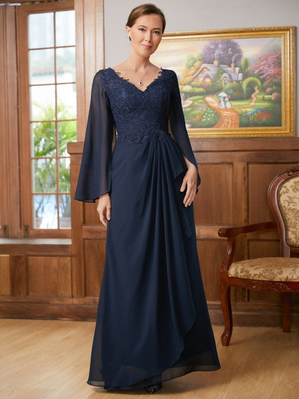 Eileen A-Line/Princess Chiffon Applique V-neck Long Sleeves Floor-Length Mother of the Bride Dresses SWKP0020335