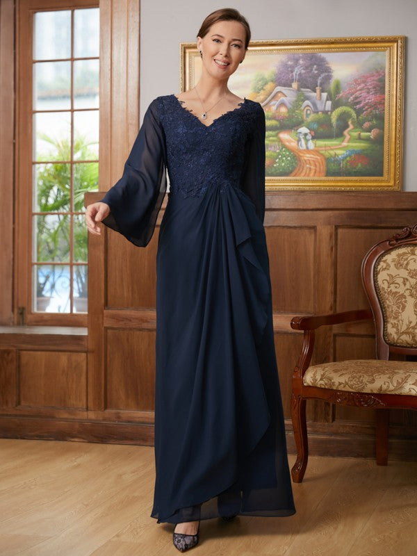 Eileen A-Line/Princess Chiffon Applique V-neck Long Sleeves Floor-Length Mother of the Bride Dresses SWKP0020335