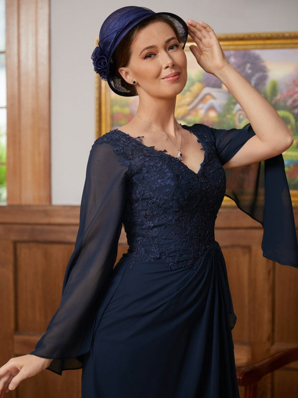 Eileen A-Line/Princess Chiffon Applique V-neck Long Sleeves Floor-Length Mother of the Bride Dresses SWKP0020335