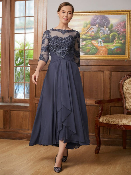 Seraphina A-Line/Princess Chiffon Applique Scoop 3/4 Sleeves Asymmetrical Mother of the Bride Dresses SWKP0020346