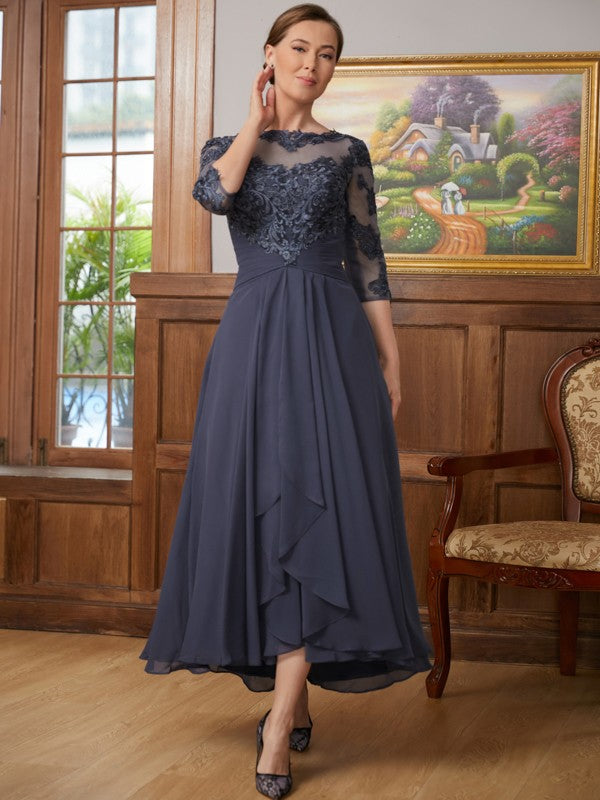 Seraphina A-Line/Princess Chiffon Applique Scoop 3/4 Sleeves Asymmetrical Mother of the Bride Dresses SWKP0020346