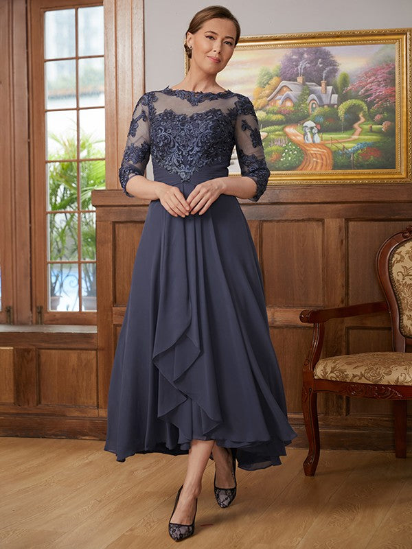 Seraphina A-Line/Princess Chiffon Applique Scoop 3/4 Sleeves Asymmetrical Mother of the Bride Dresses SWKP0020346